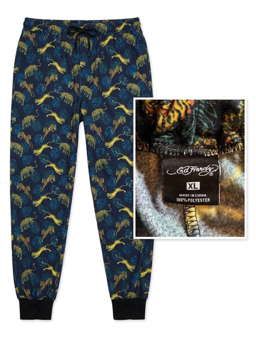 Ed Hardy Tiger Cheetah Print Joggers Pajama Pants Black Yellow Green XL Unisex